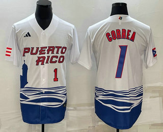 Men%27s Puerto Rico Baseball #1 Carlos Correa Number White 2023 World Baseball Classic Stitched Jersey